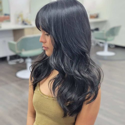 Long Black Hair With Layers Face Framing Bangs Soft Waves Richmond Virginia